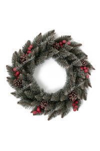 Božićni vijenac kristalna smreka. Tirkizno zelene PVC grančice posute su malim bijelim čupercima nalik kristalima leda. Ovaj vijenac nadopunjuju crvene bobice i prave šišarke.