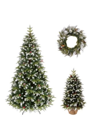 Vianočná kolekcia 3D Jedľa Zasnežená s posneženými končekmi, šiškami a červenými plodmi, pozostávajúca z umelého vianočného stromčeka, malého vianočného stromčeka v kvetináči a adventného venca