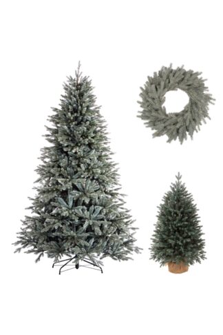 Vianočná kolekcia 3D Smrek Ľadový v ľadovozelenej farbe, obsahujúca umelý vianočný stromček, malý vianočný stromček v kvetináči a adventný veniec