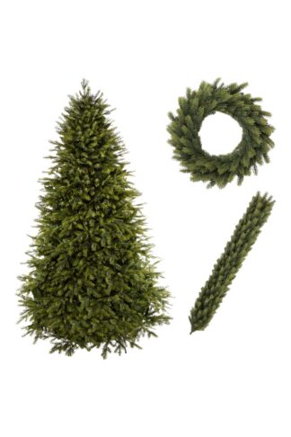 Vianočná kolekcia 3D Smrek Robustný obsahujúca umelý vianočný stromček, vianočnú girlandu a adventný veniec v zelenej farbe